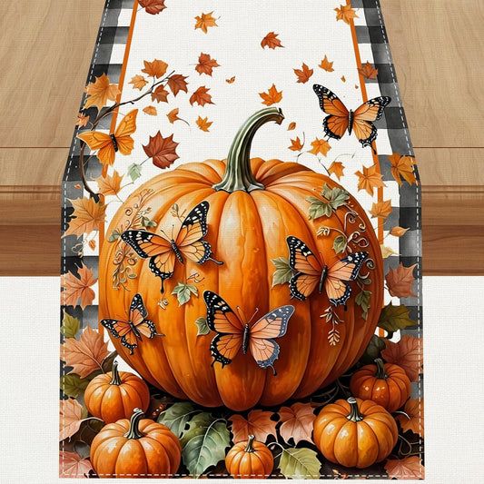 Linen Black and White Buffalo Check Plaid Fall Table Runner 120 Inches Long, Fall Leaves Pumpkin Butterfly Home Kitchen Table Decor, Farmhouse Autumn Thanksgiving Harvest Festival Decorations for Home
