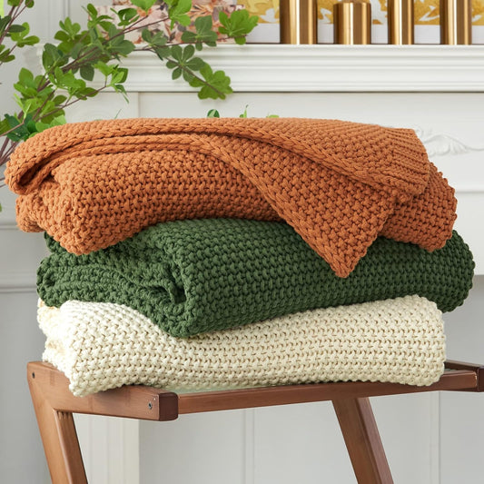 Longhui bedding Chunky Cable Knit Throw Blanket Lightweight Olive Green 100% Organic Cotton Blanket for Sofa Couch Bed Baby Nursery, Rustic Shabby Chic Modern Farmhouse, 60” x 80” Give Laundering Bag