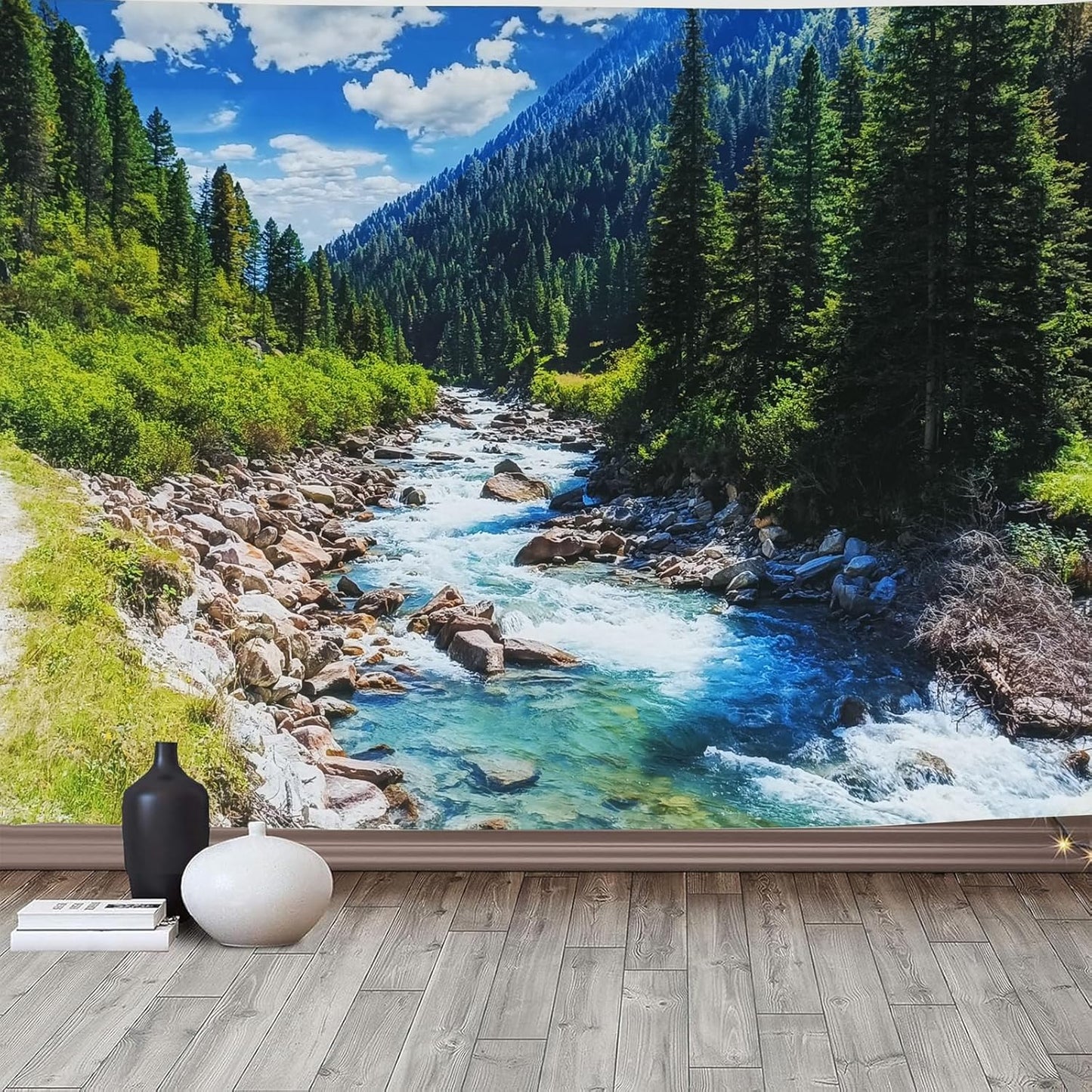 Nature Forest Mountain Tapestry Green Pine Tree Stream Tapestry White Clouds Flowing River Valley Landscape Scenery Tapestries Wall Hanging for Bedroom Dorm Living Room Office Classroom 60 x 40 Inch