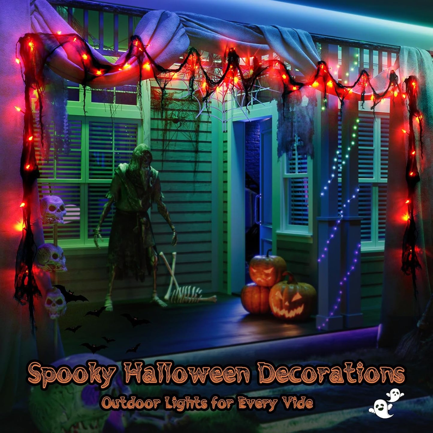 Halloween Horror Atmosphere Lights, Orange&Purple LED String Lights with 9.9FT Creepy Black Gauze, Battery Powered with Timer & 8 Flashing Modes (2 Pack Red)