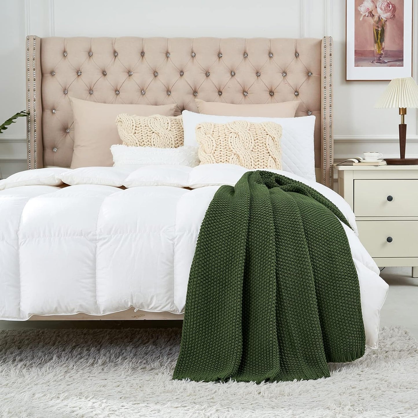 Longhui bedding Chunky Cable Knit Throw Blanket Lightweight Olive Green 100% Organic Cotton Blanket for Sofa Couch Bed Baby Nursery, Rustic Shabby Chic Modern Farmhouse, 60” x 80” Give Laundering Bag