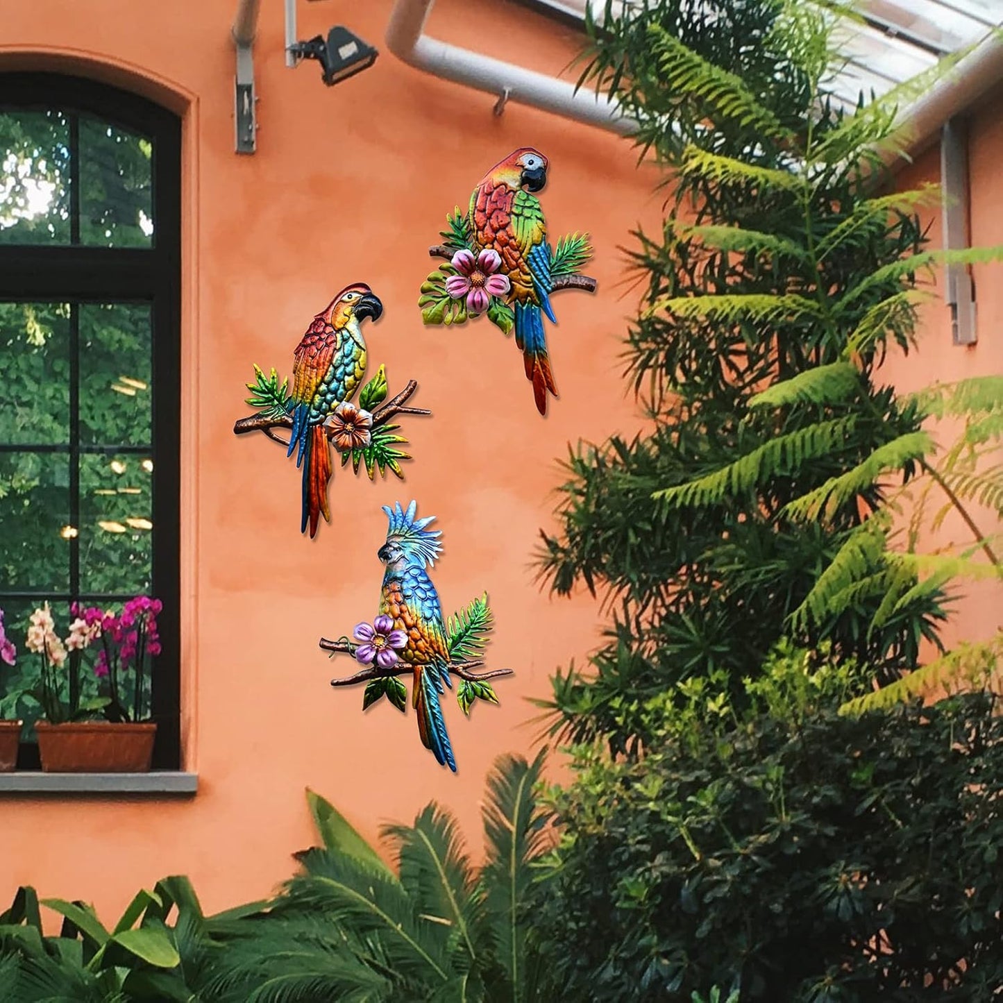 J-Fly Parrot Tropical Wall Art Decor - 3 Hanging Sculptures, Metal, 12" x 8.5", Indoor Kitchen Living Room Wall Mount, Unframed, Glossy, Tropical Style, 3.0 Count