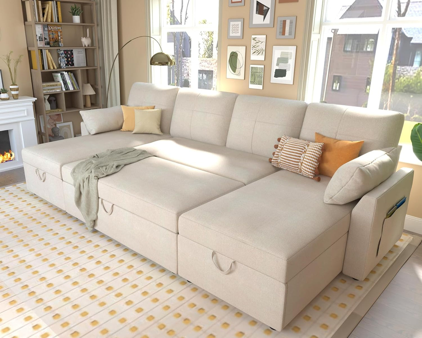 VanAcc Sleeper Sofa, 110 inch Oversize - 2 in 1 Pull Out Bed, Sectional Sleeper Sofa with Double Storage Chaise for Living Room, Beige Chenille Couch