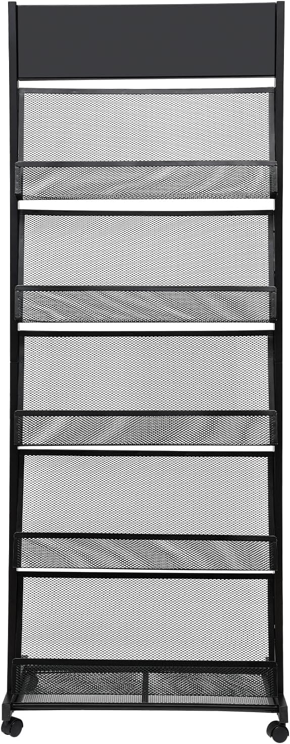 5-Tier Magazine Rack Floor Standing Brochure Display Stand with Universal Wheels & Brakes Metal Magazine Display Rack for Office, Shop