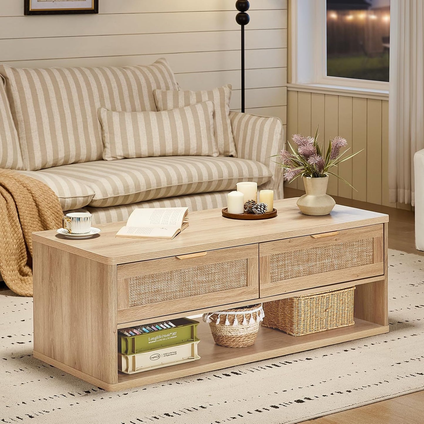 LEYAOYAO Boho Rattan Coffee Table and End Table Sets, 48" Wide Center Tables & 23" Night Stand with 3 Drawers, Natural Wood Coffee Table for Living Room 3 Piece Set