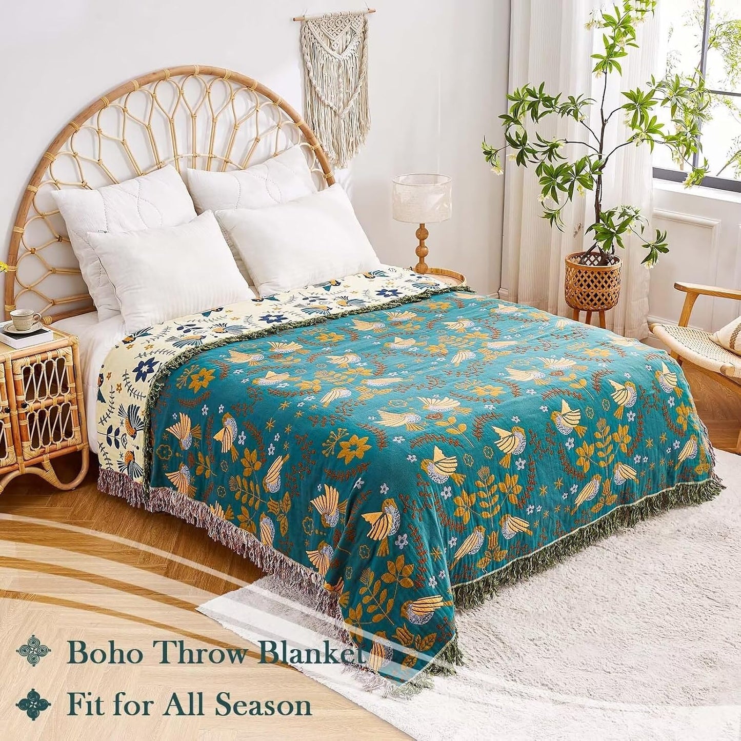 Boho Throw Blanket, 100% Cotton Ultra Soft Luxury Throw Rustic Quilt, 60"x80" Floral Printed Farmhouse Decor Bed Summer Blankets, All Season Rustic Reversible Bohemian Throw for Bed - Blue