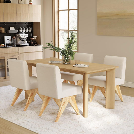 Mid Century Modern Farmhouse Dining Chairs Set of 4, Upholstered Armless Kitchen Chairs with Back and Wooden Legs, Linen Beige