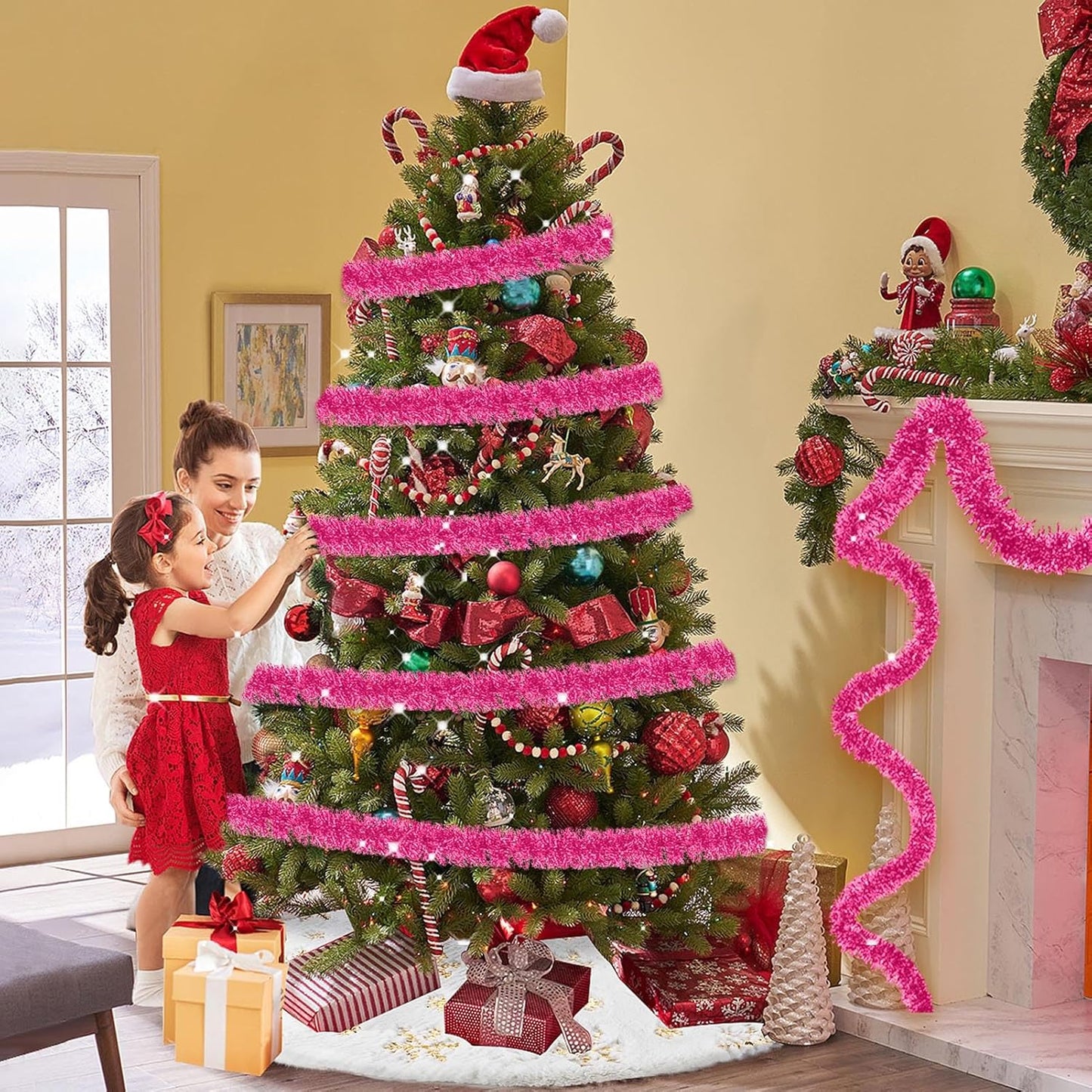 50 Feet Christmas Tinsel Garland, Metallic Twist Wall Hanging Tinsel Backdrop for Parade Floats, Carnival, Birthday, Wedding, New Year Party Decorations (Pink, 2in x 50ft)