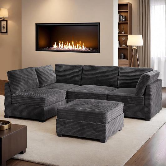 HOOOWOOO Modular Sectional Sofa,5 Pieces Sectional Couches for Living Room,98X55 L Shaped Cloud Couch with Ottoman Chaise Set(Grey Velvet Corduroy)