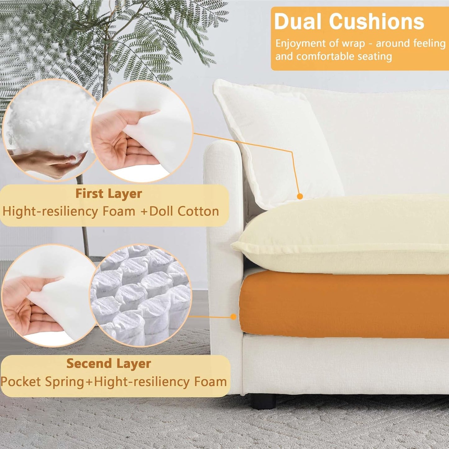Sectional Sofa 3 Seater with Movable 2 Ottomans,Oversized Modular Couch Deep Seat (Beige, 111.5 inch-U)