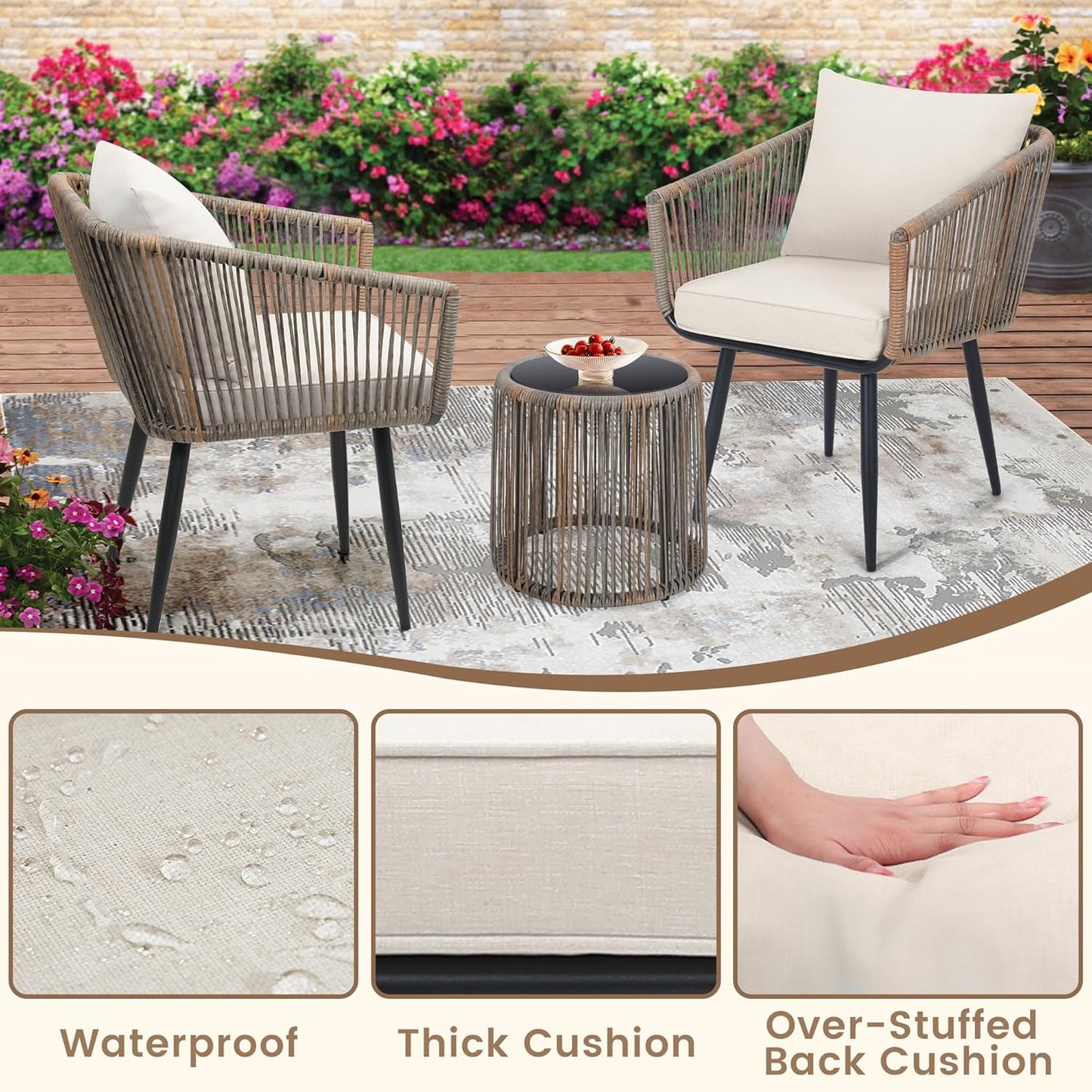 Kromax 3 Pieces Patio Rattan Bistro Conversation Set, Outdoor All-Weather Wicker Furniture Chairs and Side Table Set Ideal for Balcony, Porch and Backyard, Beige