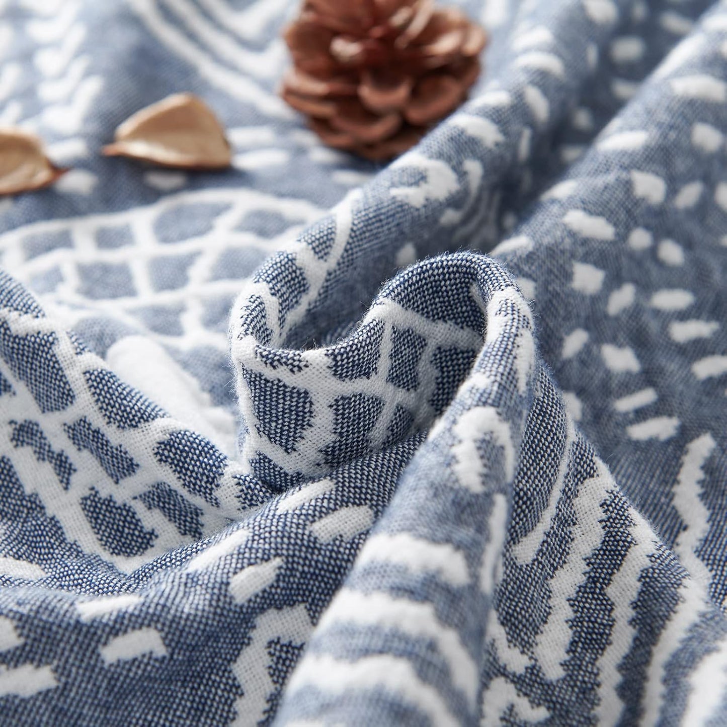 jinchan Boho 100% Cotton Muslin 50x60 Throw Blanket Lightweight 3-Layer Blue Blanket Washable Reversible Breathable Decorative Geometric Striped Patterned Soft Cozy for Sofa Bed All Season Gift