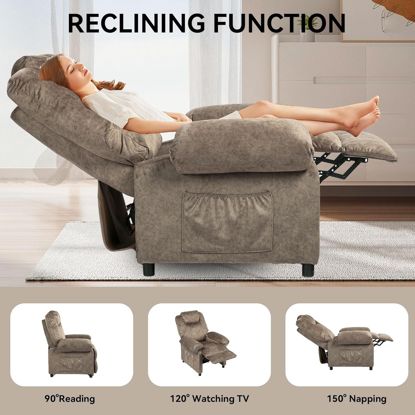 KCREAM Massage Recliner Chair with Heat,Overstuffed Fabric Recliner Chairs with Heating,Small Recliner for Living Room Bedroom, Manual Reclining Single Sofa Recliners Lounge Chair for Adult,Brown