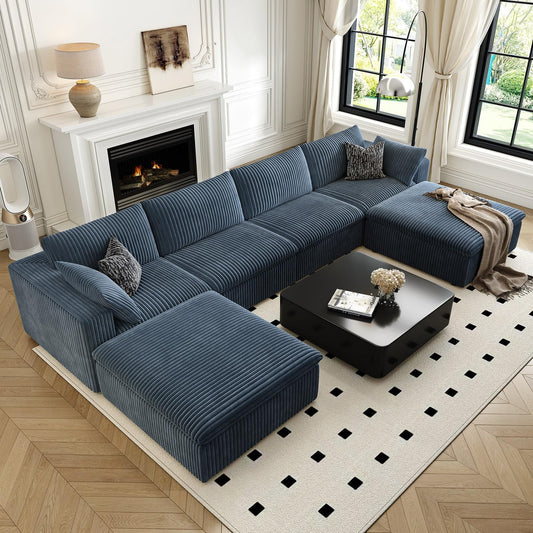 157.5" Cloud Couch Oversized Modular Sectional Sofa for Living Room,Modern Sofa with Deep Seat，U-Shape Boneless Couch with 2 Ottoman,Comfy Upholstered Couches for Apartment, Studio, Office,Blue