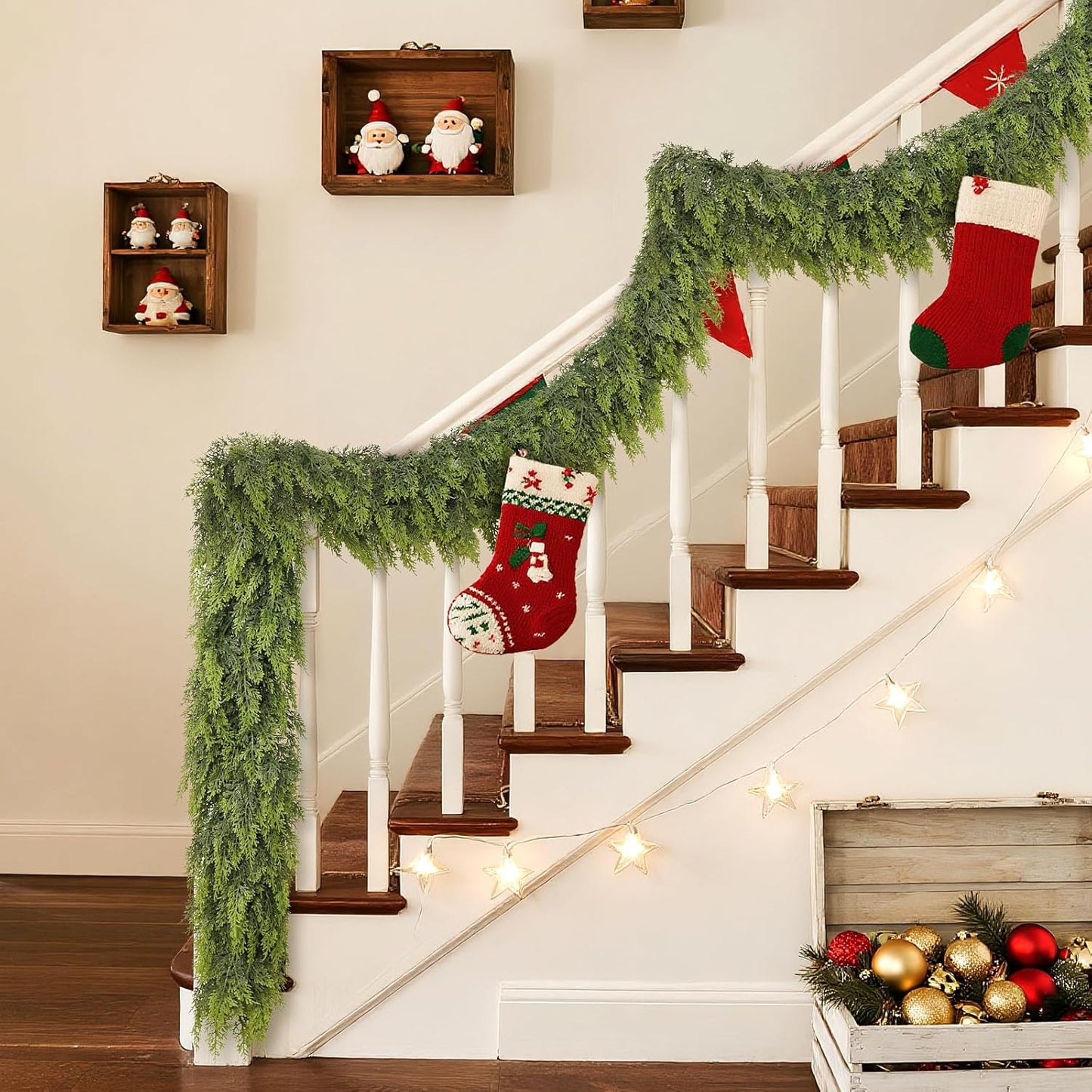 9FT Real Touch Cedar Garland for Fireplace - Artificial Christmas Garlands Realistic Faux Greenery Fake Pine Needles Garland for Holiday,Table, Window,Mantel,Stairs, Home,Indoor Outdoor Decor (1PCS)