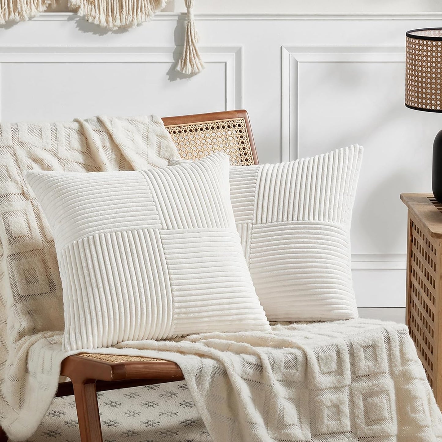 Fancy Homi 2 Packs Cream White Decorative Throw Pillow Covers 20x20 Inch for Living Room Couch Bed Sofa, Farmhouse Boho Home Decor, Soft Corss Corduroy Patchwork Accent Square Cushion Case 50x50 cm