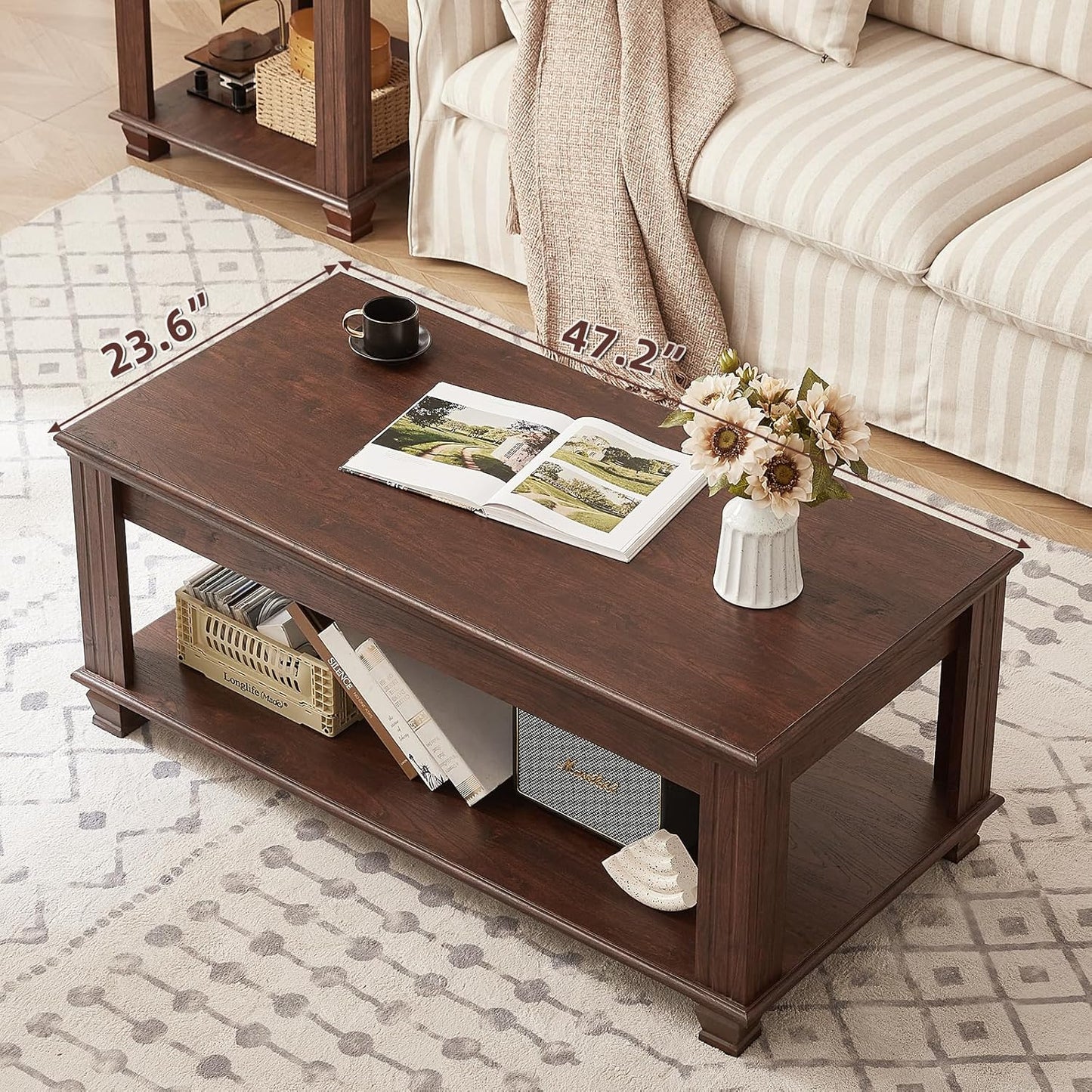 Farmhouse Coffee Tables for Living Room,Square Living Room Tables with Open Storage Shelf,Large Modern Coffee Table,Rustic Brown Center Table,Walnut