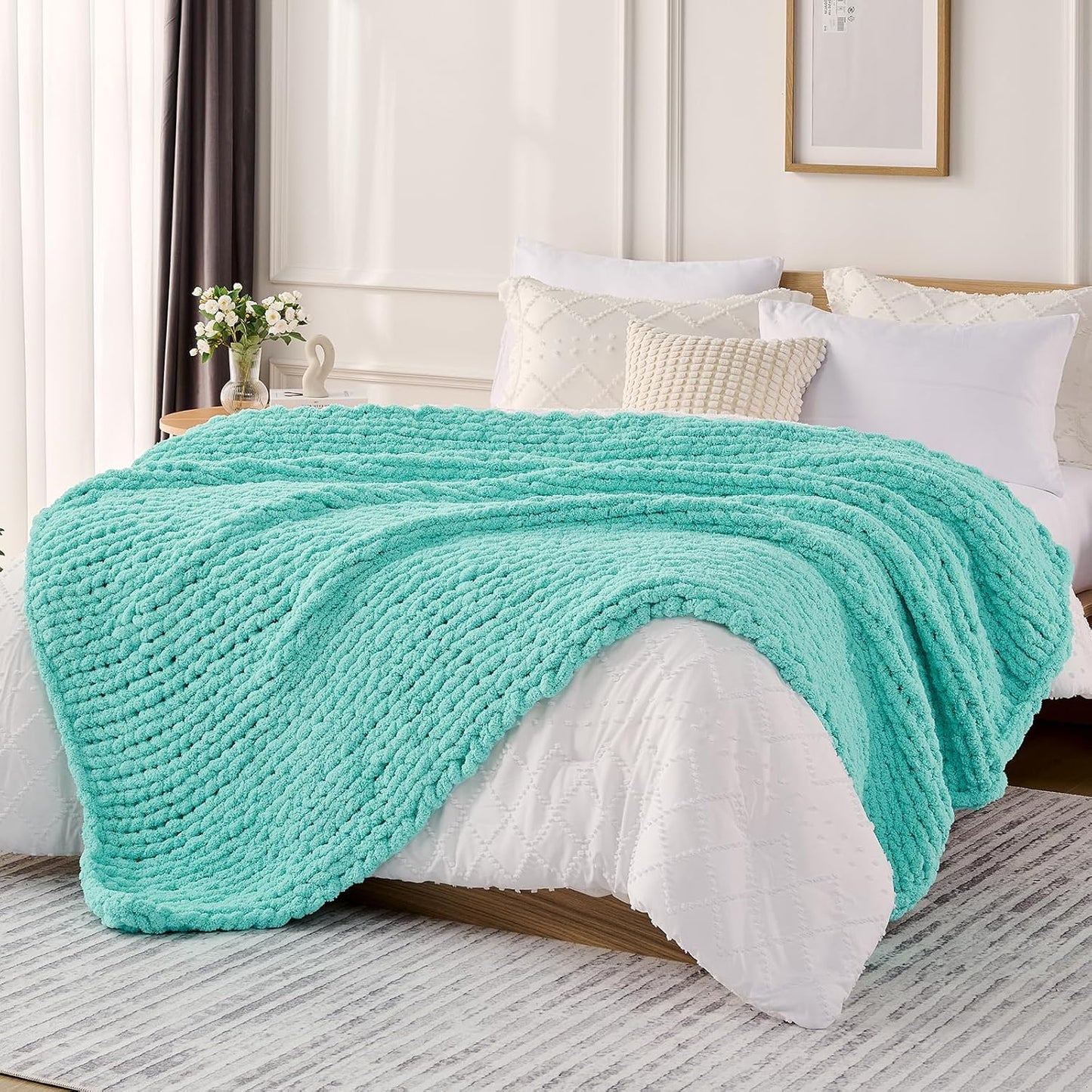 L'AGRATY Chunky Knit Blanket Throw: 50''x60'' Chenille Chunky Knitted Throw Blanket for Bed Couch - Handmade Thick Big Cable Knit Blanket - Large Crochet Rope Blanket for Home Decor(Lake Blue)