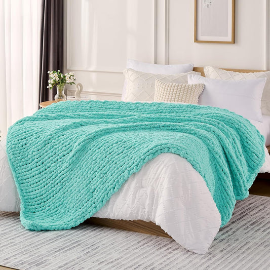 L'AGRATY Chunky Knit Blanket Throw: 60''x80'' Chenille Chunky Knitted Throw Blanket for Bed Couch - Handmade Thick Big Cable Knit Blanket - Large Crochet Rope Blanket for Home Decor(Lake Blue)
