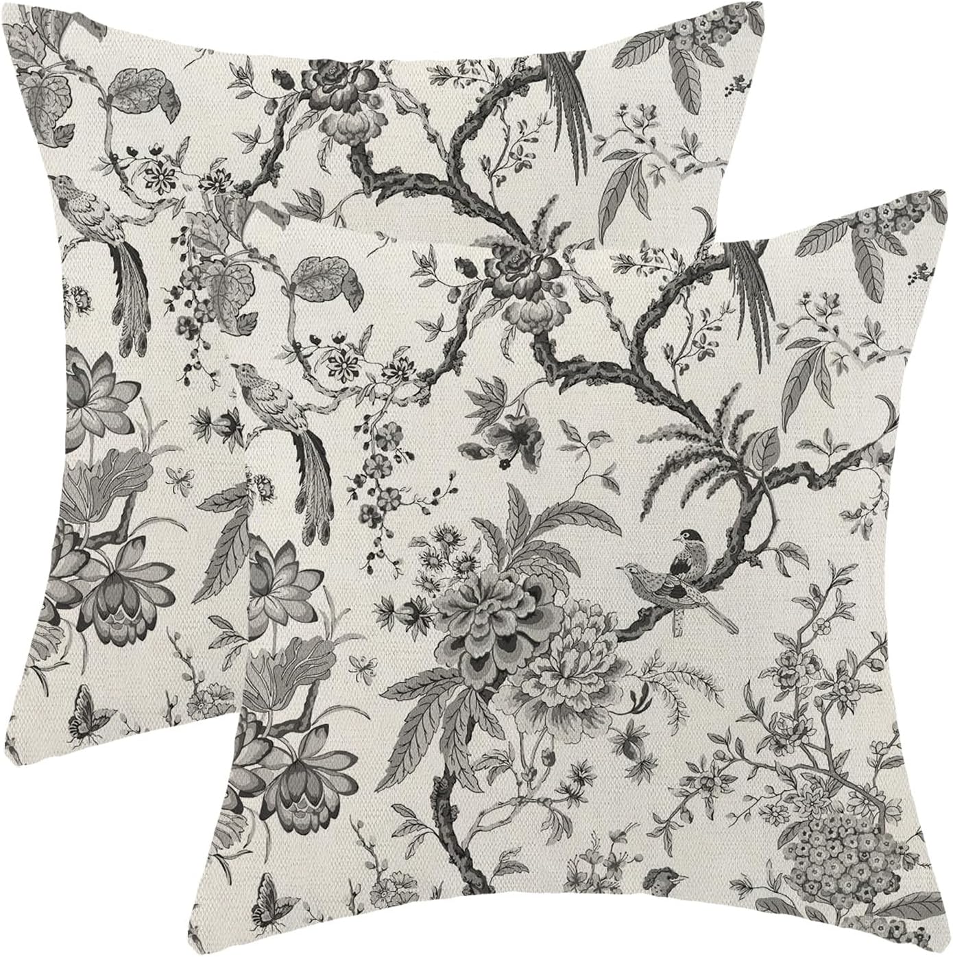 CXMEIFLY Spring Floral Birds Pillow Covers 16 x 16 Inch Set of 2 for Chinoiserie Flowers Decor Throw Pillows Black and White Plant Outdoor Decorative Cushion Cases for Couch Bed Decorations