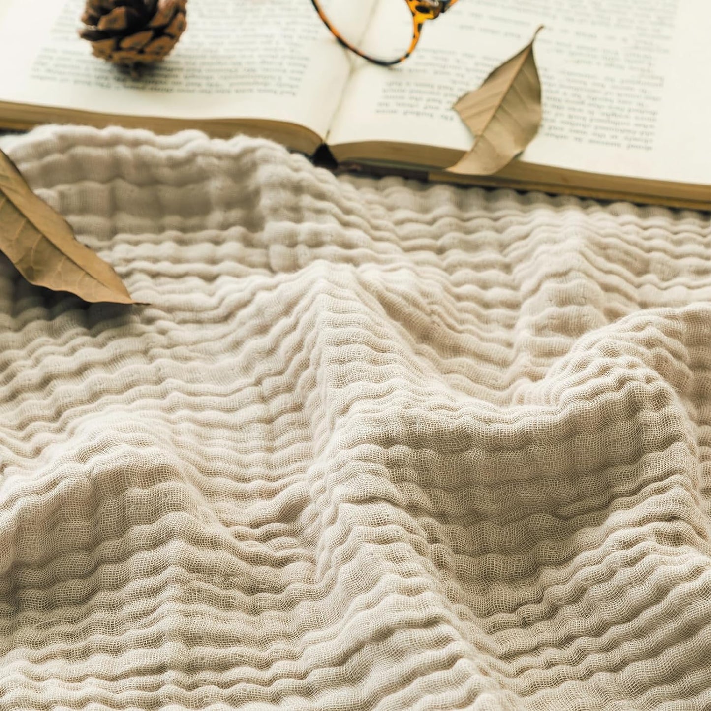 EMME Cotton Throw Blanket for Couch Soft Muslin Blankets 50"x60" Lightweight Breathable Blanket All Season Gauze Blanket, Light Tan