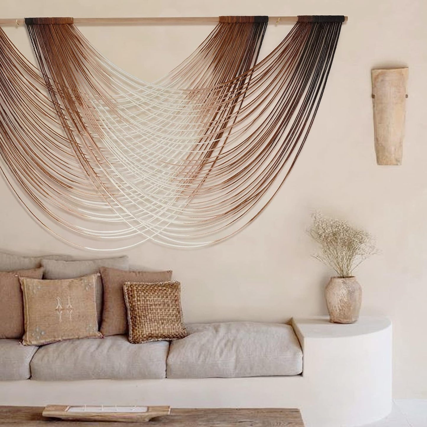 Flber Macrame Wall Hanging Dip Dye Brown Boho Wall Decor Yarn Tapestry Modern Living Room Bedroom Home Wall Decor 57" W x 35" L