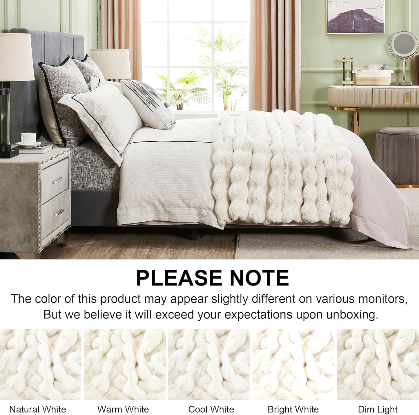 DREAMNINE Decorative Soft Bubble Fuzzy Faux Rabbit Fur Throw Blanket for Couch 50" x 60",Reversible Thick Plush Warm Fluffy Blankets for Winter, Luxury Cute Cozy Comfy Shaggy Furry Blanket,Cream White