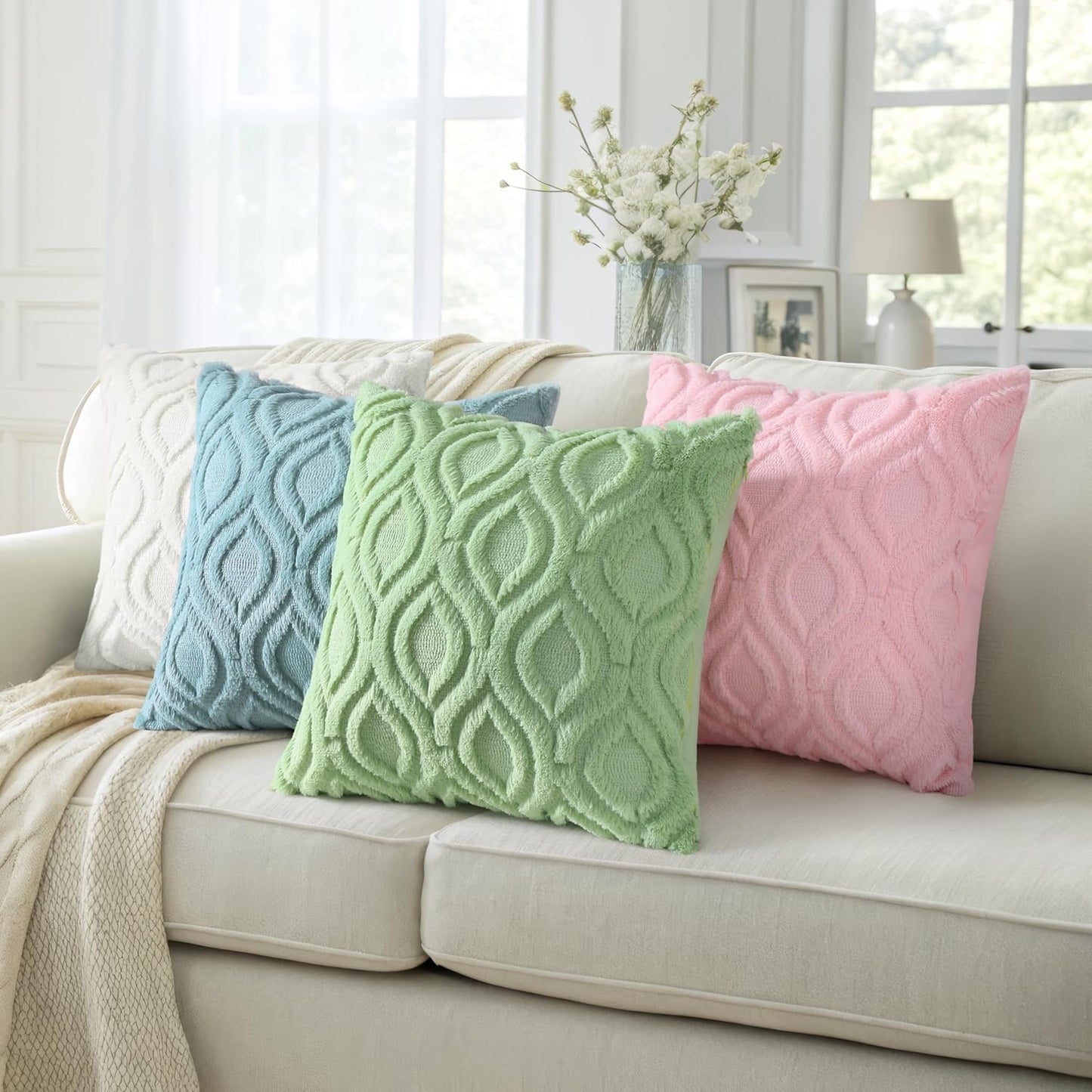 decorUhome Throw Pillow Covers 24x24 Inch Set of 2, Soft Plush Decorative Faux Fur Sage Green Solid Couch Pillow Covers, Accent Farmhouse Neutral Square Euro Pillow Cases for Sofa Bed Living Room
