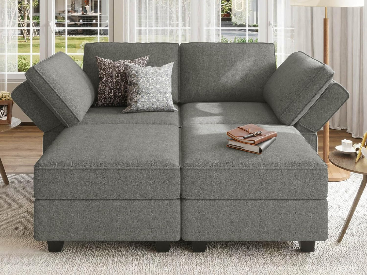 Bellfin Modular Sectional Sleeper Sofa Convertible Sofas with Storage Ottomans Small Sectional Couches for Living Room. Light Grey Couch