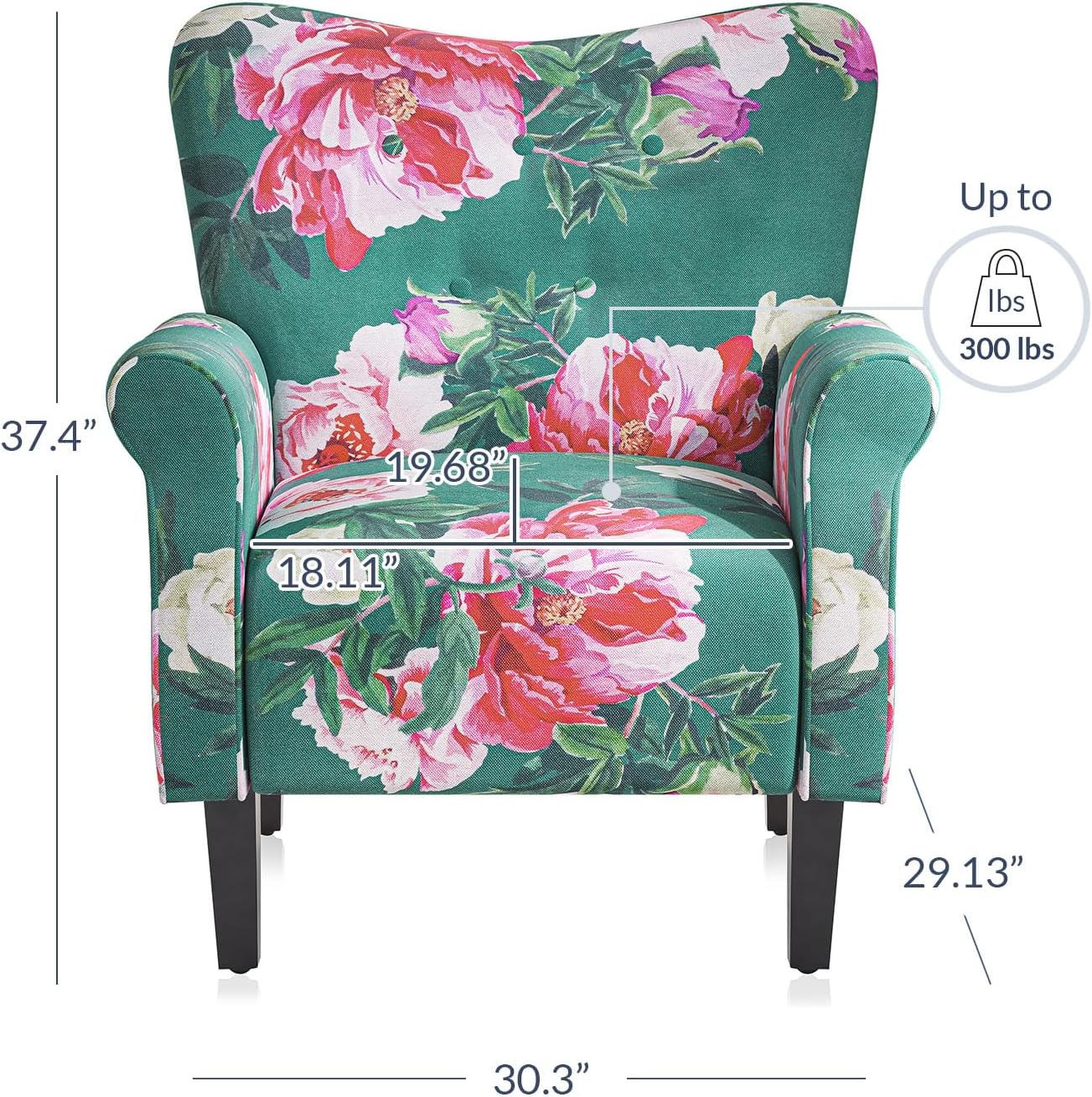 BELLEZE Modern Accent Chair, High Back Armchair, Upholstered Wingback Side Chair, Padded Single Sofa with Wooden Legs for Living Room, Bedroom - Green & Flower