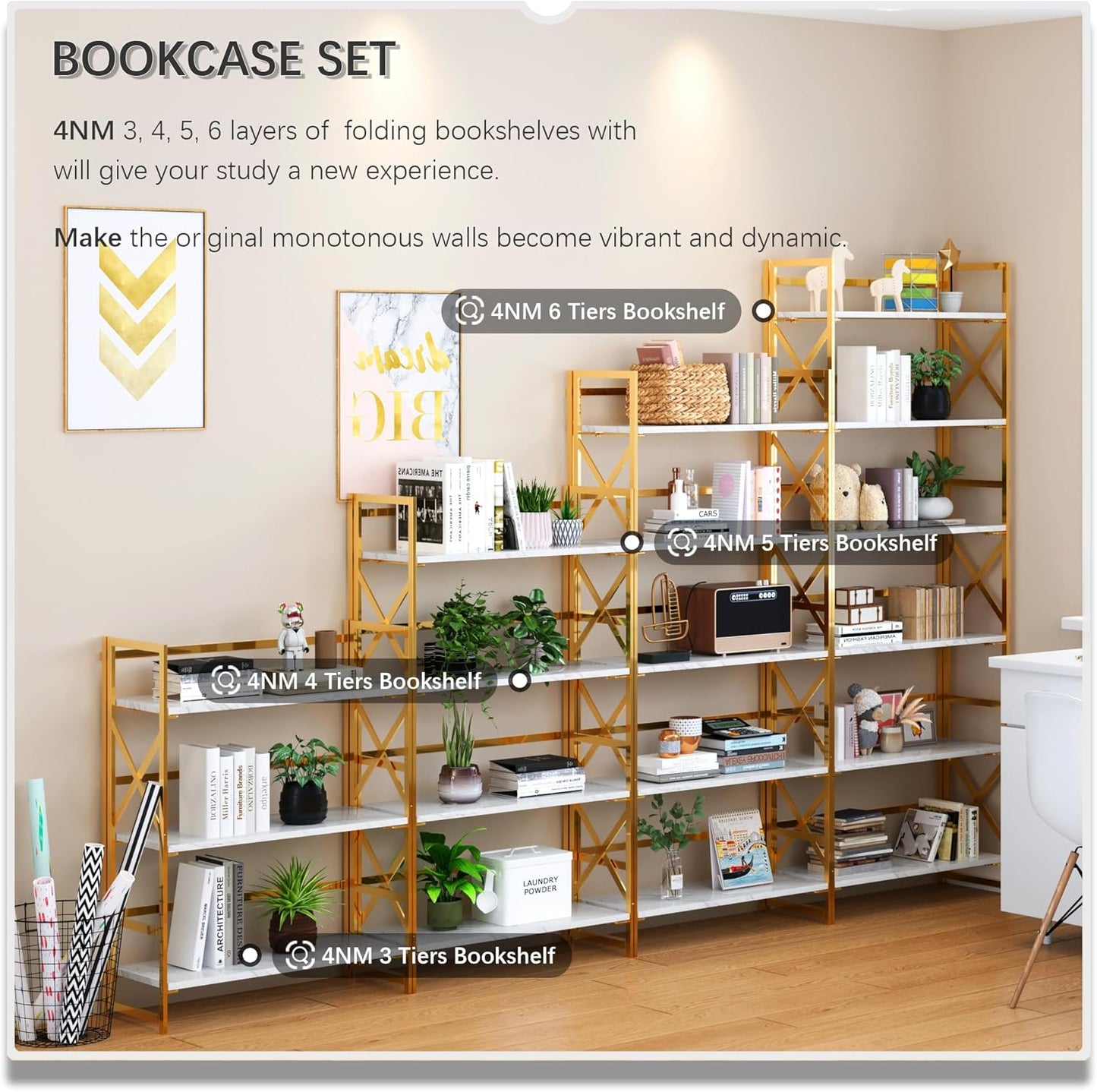 4NM 6 Tiers No Assembly Book Shelves, 61.8" H Folding Bookshelf Bookcase Open Industrial Foldable Shelves for Bedroom, Living Room, Home Office - White Gold