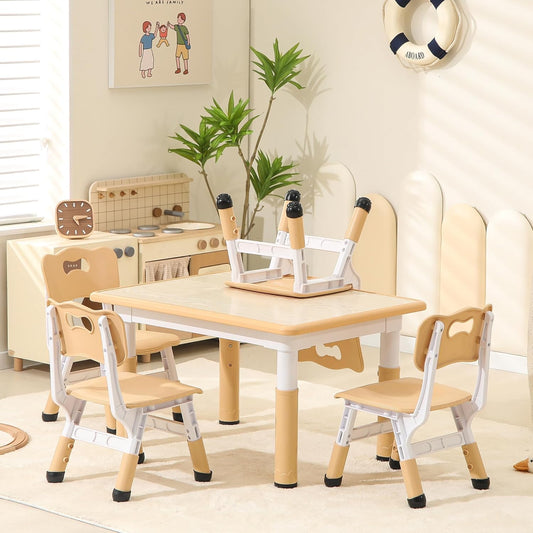 Height-Adjustable Kids Table and Chairs, 31.5''L x 23.6''W Toddler Table and 4 Chairs Set with Anti-Slip Foot Covers, Children Activity Table for Ages 2-10, Graffiti Desktop