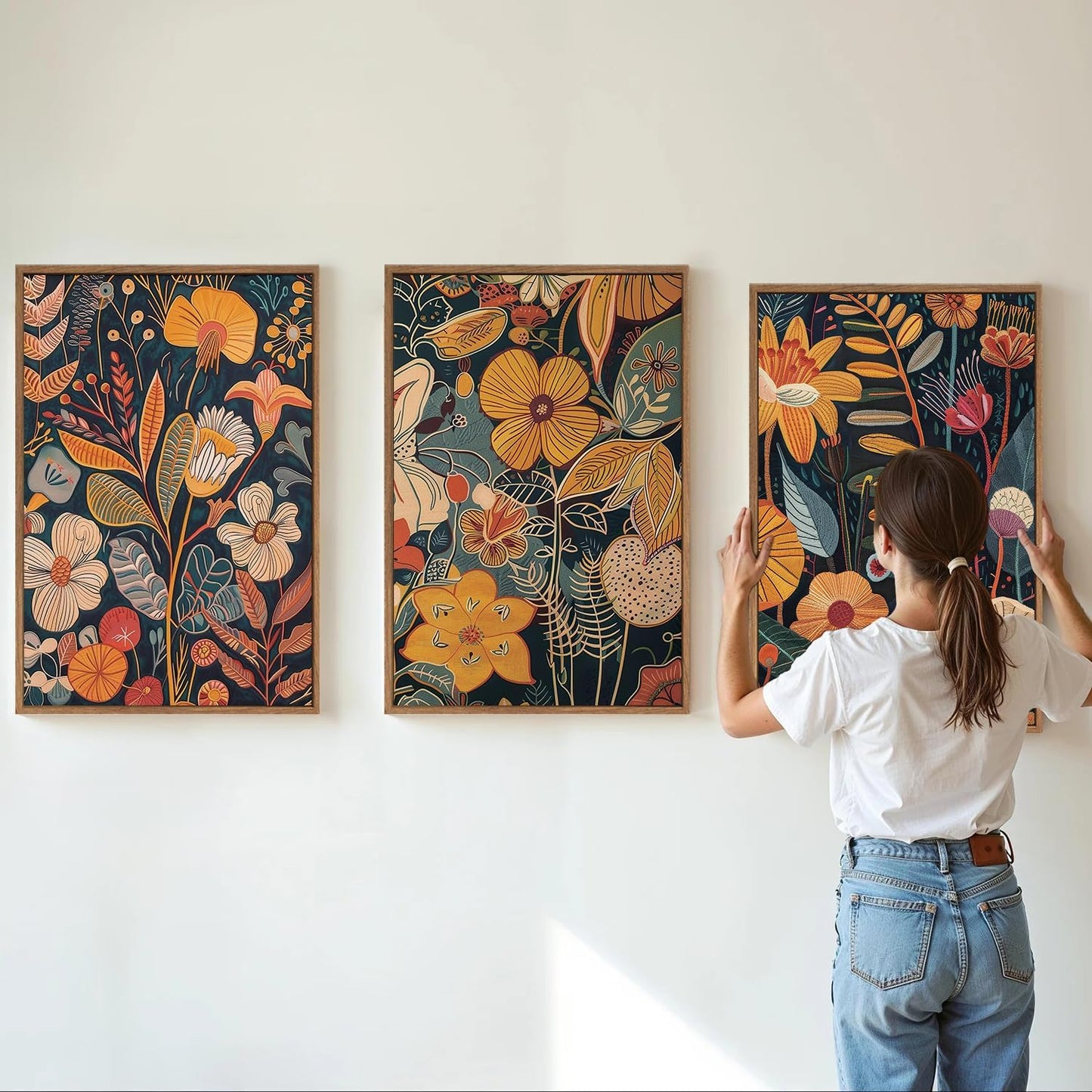 SIGNINART Boho Botanical Framed Canvas Wall Art Set of 3, Mid Century Modern Wall Decor, Burnt Orange Floral Artwork, Neutral Flower Plant Art Prints for Bedroom Living Room Office 24"x36"x3