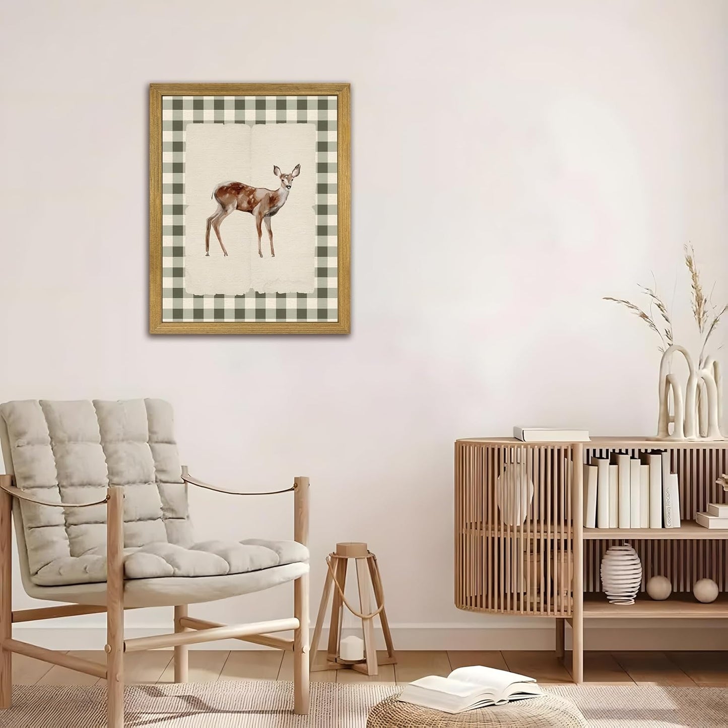 Wood Framed Deer Wall Art Print, Woodland Baby Deer Canvas Poster Wall Decor, Vintage Rustic Green Gingham Farmhouse Animal Picture for Living Room Kitchen Bedroom Nursery Decor, 16x24 inch