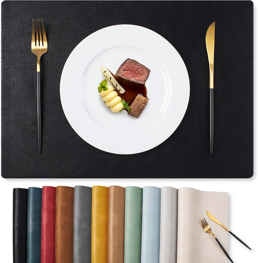 MOSAYT Vinyl Placemats Set of 4-12 X 17 Inch - Faux Leather 100% Waterproof Oil-Proof Wipeable PU Place Mats, Heat Resistant Reversible Table Mats for Kitchen, Dining, Outdoor (Black)