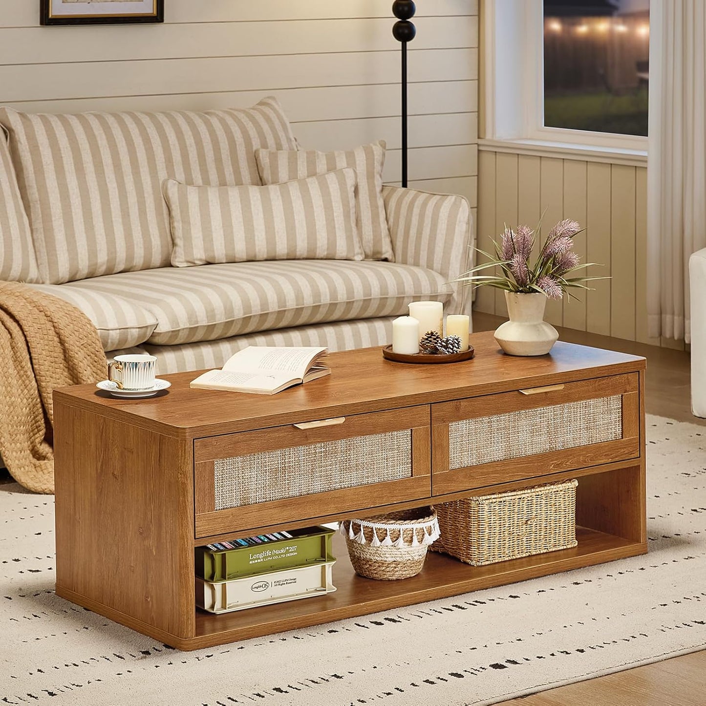 LEYAOYAO Boho Rattan Coffee Table and End Table Sets, 48" Wide Center Tables & 23" Night Stand with Charging Station Chest of Drawers, Brown Wood Coffee Table for Living Room 3 Piece Set