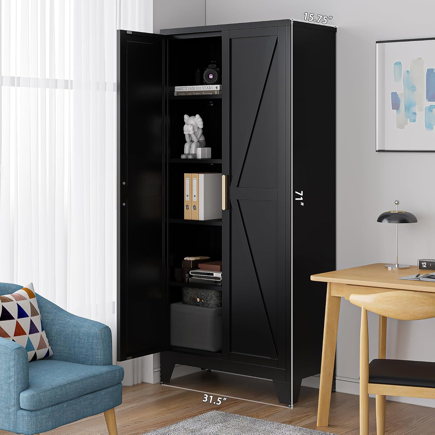 71'' Farmhouse Metal Storage Cabinet with Barn Doors,Steel File Cabinet for Home Office,Kitchen Pantry 4 Adjustable Shelves,Freestanding Cupboard for Kitchen,Home Office (Black)