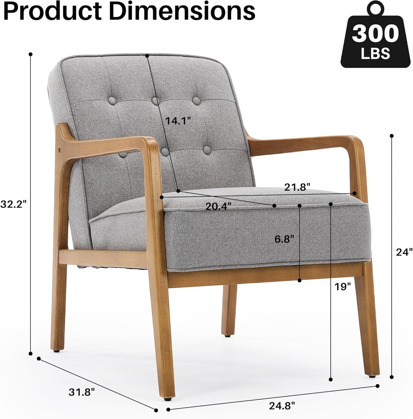 Linen Accent Chair, Mid Century Modern Chair for Living Room, Upholstered Comfy Lounge Armchair with Solid Wood Frame, Reading Side Chair for Bedroom,105°Ergonomic Comfort, Grey