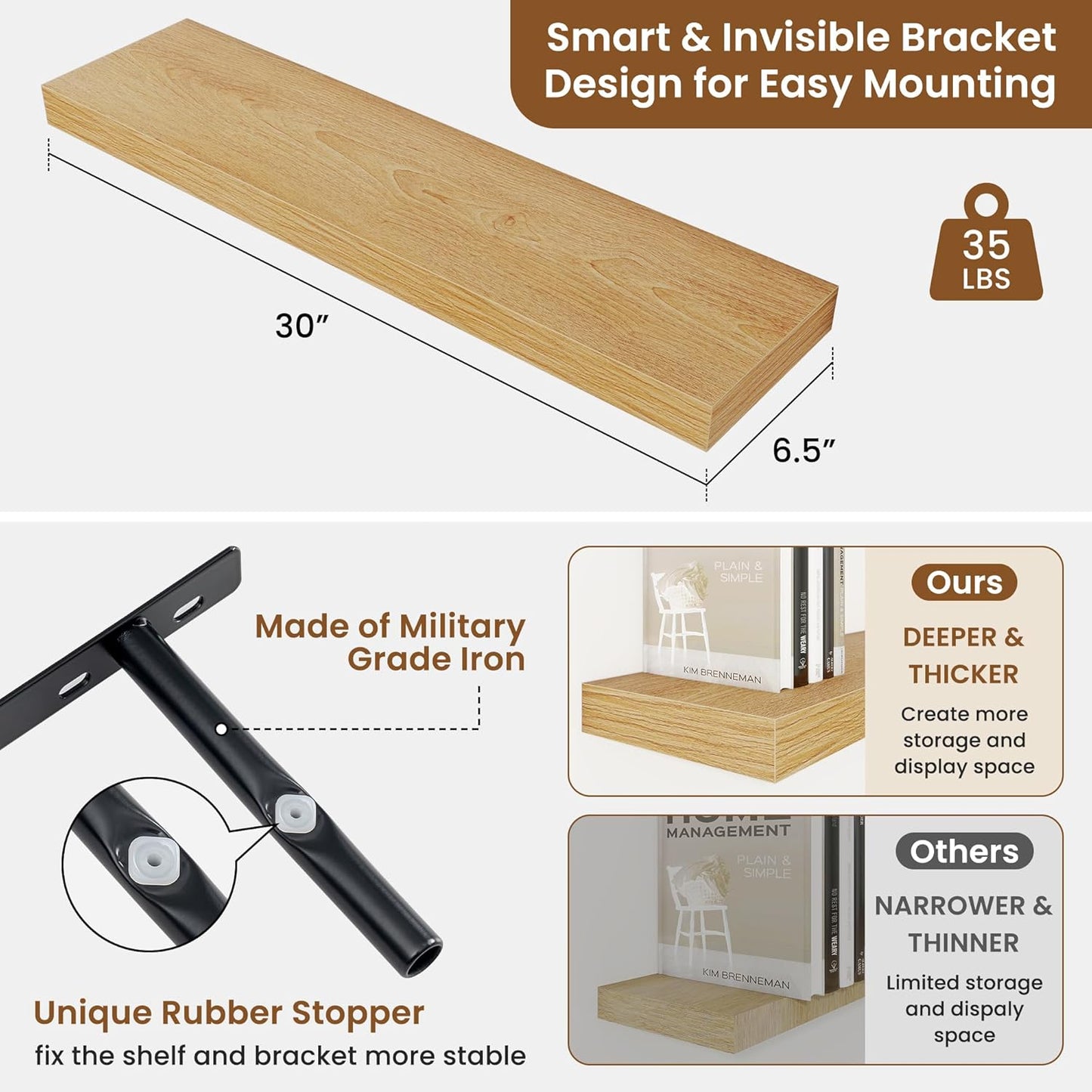 fuqing Floating Shelves for Wall, Bathroom Shelf Wall Mounted for Storage, Shelves with Invisible Bracket for Bedroom, Kitchen, Living Room, Farmhouse Small Book Shelf, 30 Inch Set of 2, Oak