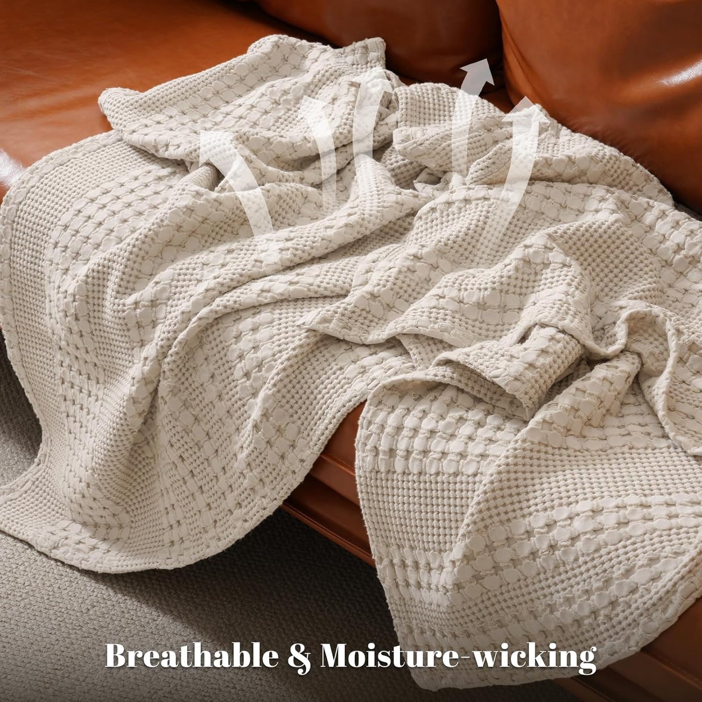 PHF 100% Cotton Waffle Weave Throw Blanket, Soft Lightweight Breathable Cozy Summer Throws for Couch Bed Sofa, Luxury Aesthetic Woven Blanket for Home Decor & Office, 50"x60", Oatmeal