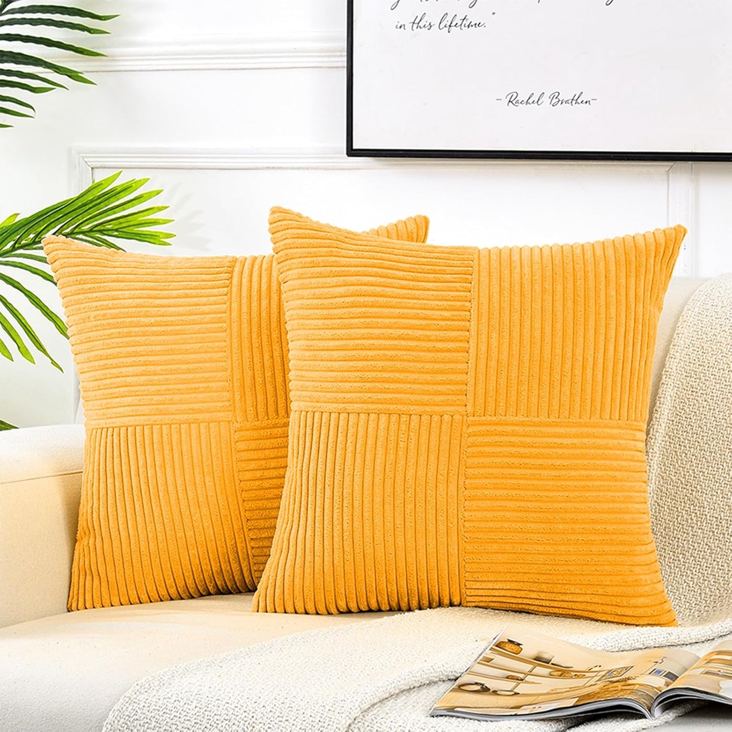 Fancy Homi 2 Packs Sunflower Yellow Spring Decorative Throw Pillow Covers 20x20 Inch for Living Room Couch Bed Sofa, Gold Yellow Home Decor, Soft Corss Corduroy Patchwork Textured Cushion Case 50x50cm