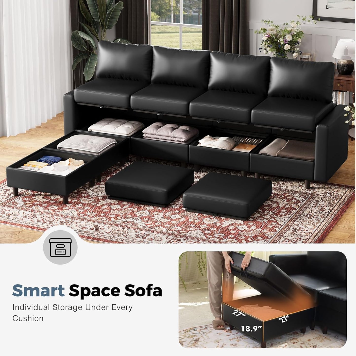 91.5" Luxury Modular Sleeper Sofa Bed with Storage Seat, 6 Seat Sectional Couch Deep Seat with Reversible Chaises & Removable Cover for Living Room - Faux Leather Black