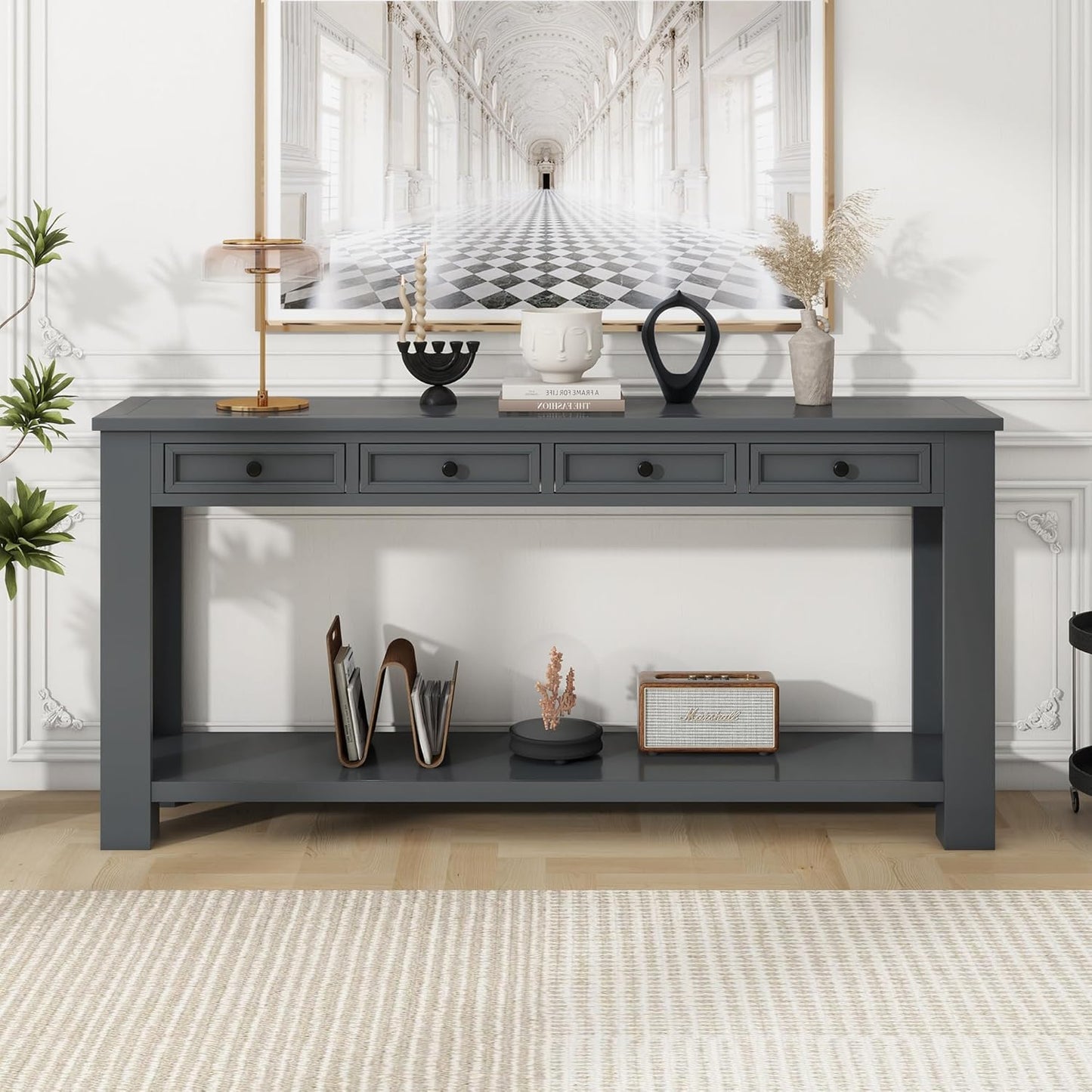 Solid Wood Console Table 63 in Long Sofa Table Entryway Table with 4 Drawers and Bottom Shelf for Hallway Living Room Couch Table,Fully Assembled,63" Tan