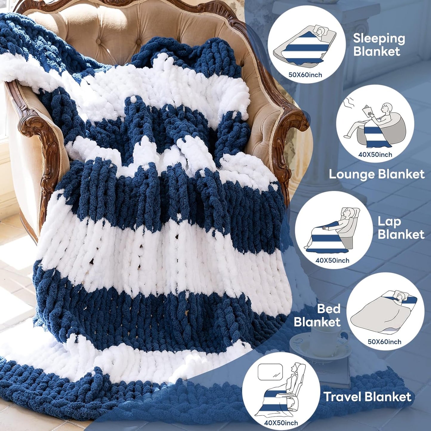 Chunky Knit Blanket - Luxury Soft Cozy 60 * 80 Throw Blanket,100% Woven Blanket Rope Knot Throw Blanket for Couch, Sofa, Home Decor, Gift - Machine Washable（White/Deep Blue）