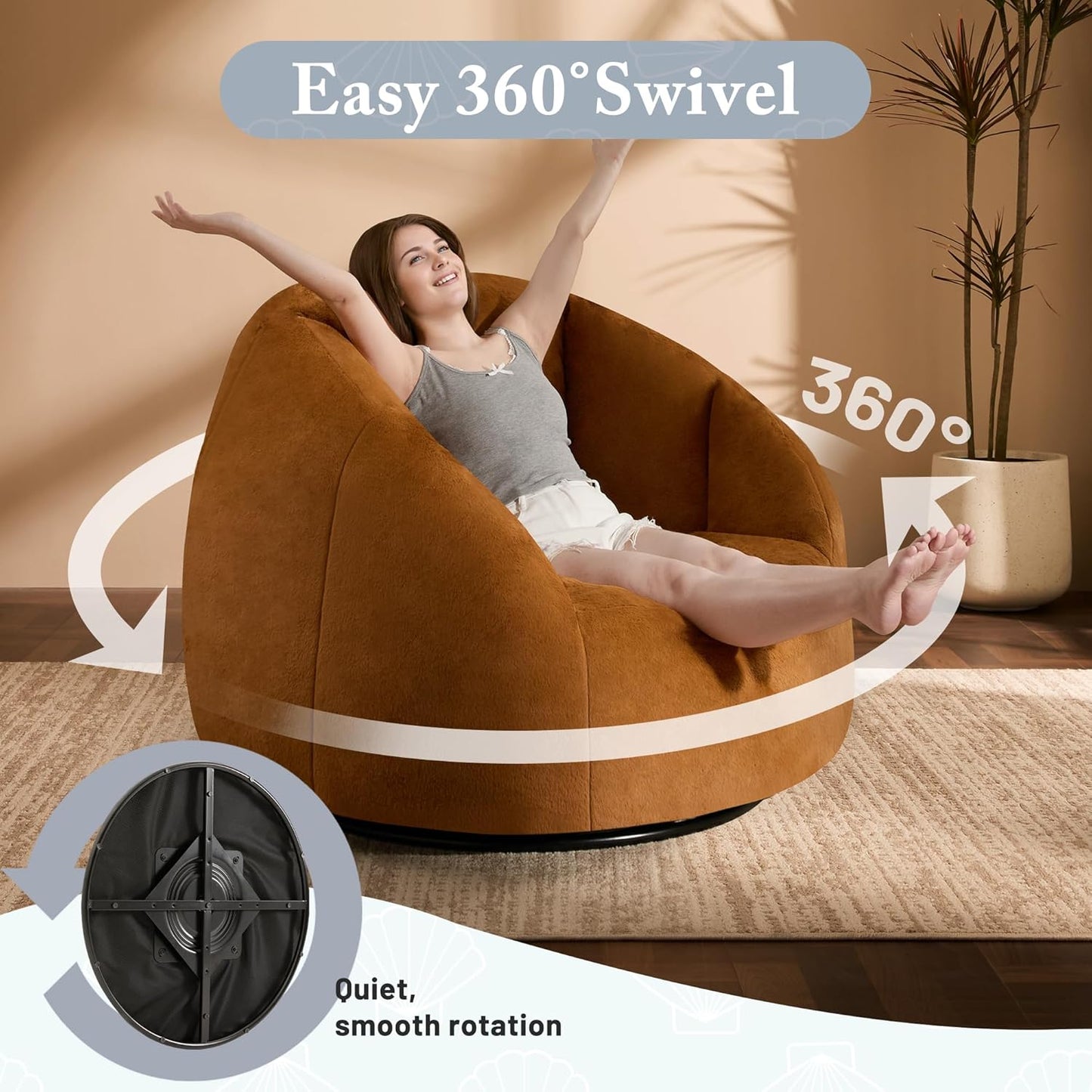 Giant Bean Bag Swivel Chair for Adults - Comfy Plush Round Shell Soft Accent Chaise Lounge Indoor Chair, Oversized Cozy Floor Sofa for Living Room, Bedroom & Game Rooms, Orange
