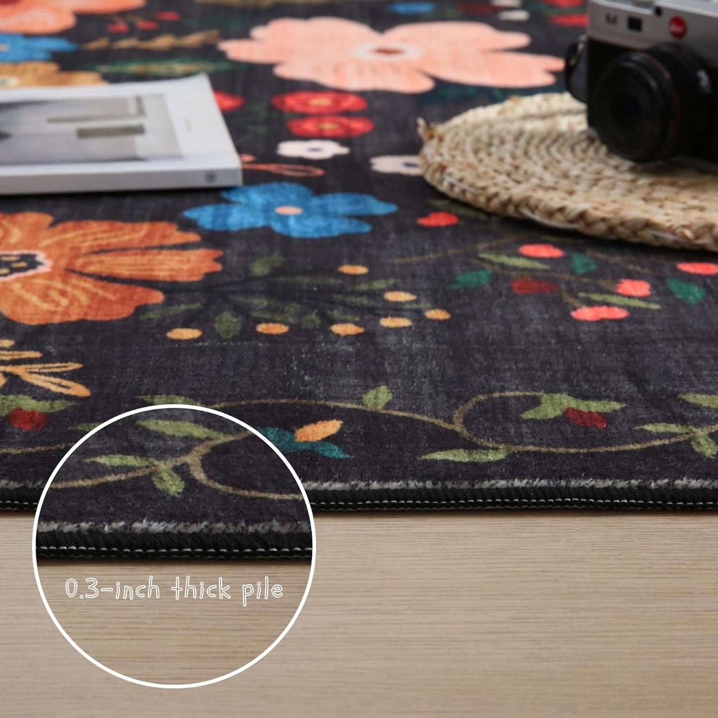 Round Rug 4ft Washable Circle Rug Non Slip Low Pile Boho Floral Small Circular Rug for Bedroom, Bathroom, Entryway, Kids Room, Office, College Dorm(Black)