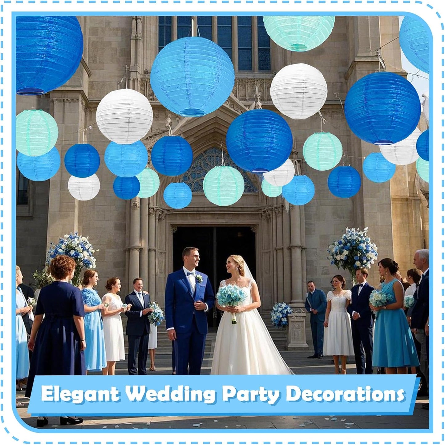 12Pcs Blue and White Paper Lanterns Assorted Sizes (6" 8" 10" 12") for Home Decor, Wedding, Birthday, Underwater Themed Party Decorations, Hanging Chinese Japanese Paper Lantern (3 Blue Colors)