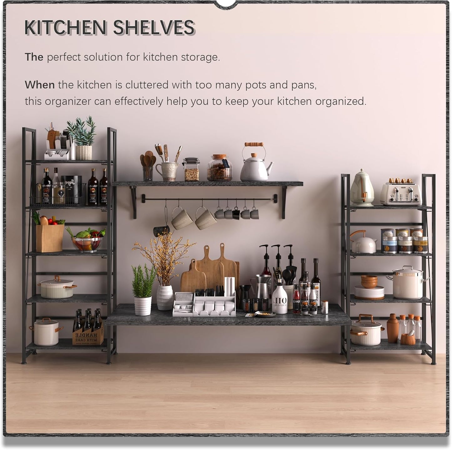 4NM No Assembly Foldable Bookshelf, 5-Shelf Collapsible Bookcase Storage for Small Spaces, 62.2" H, Gray and Black