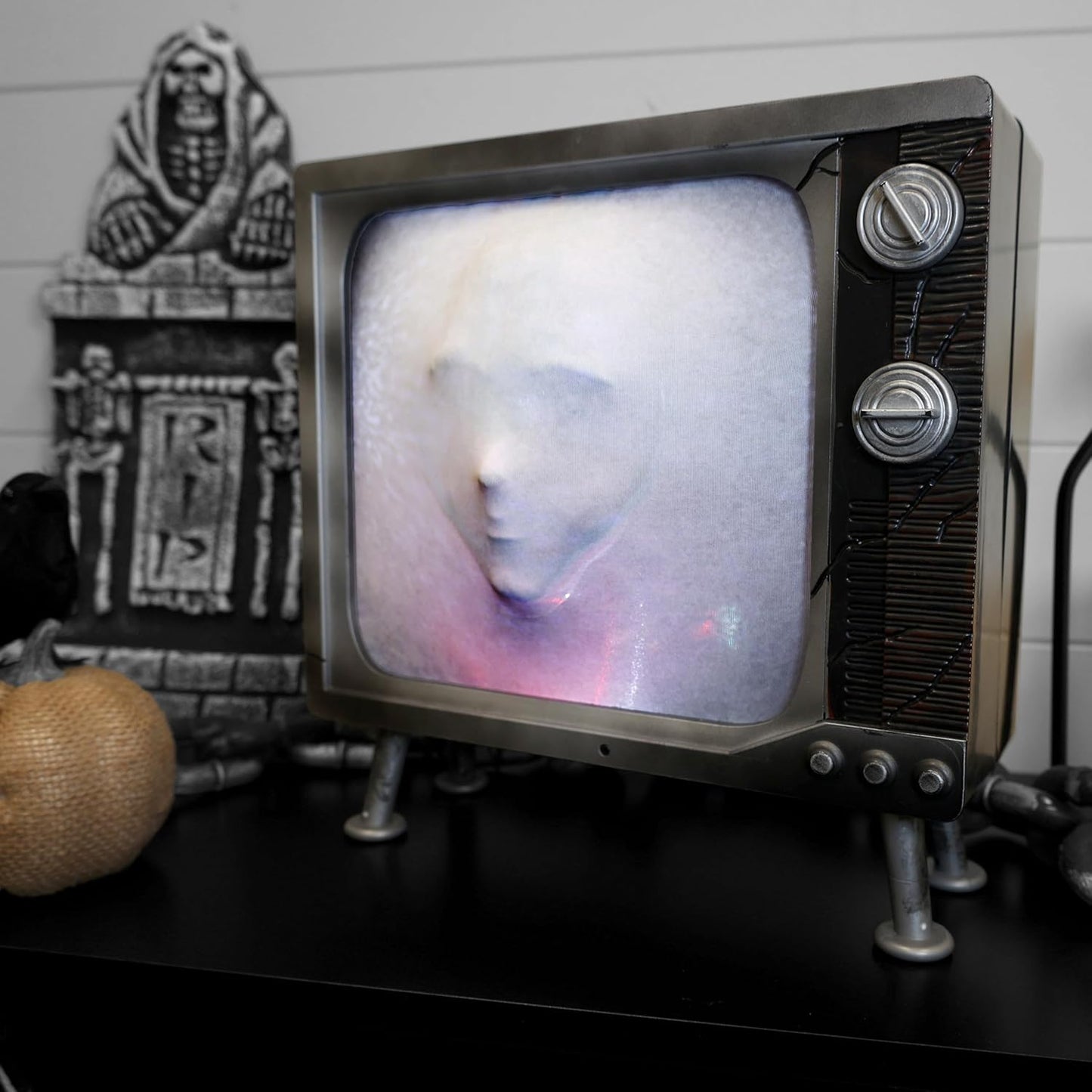 Haunted Hill Farm Haunted TV by Tekky, Battery-Operated, Motion Activated Animatronic Television with Sound Effects and Lights for Indoor or Covered Outdoor Creepy Halloween Decoration, 11" Haunted Tv