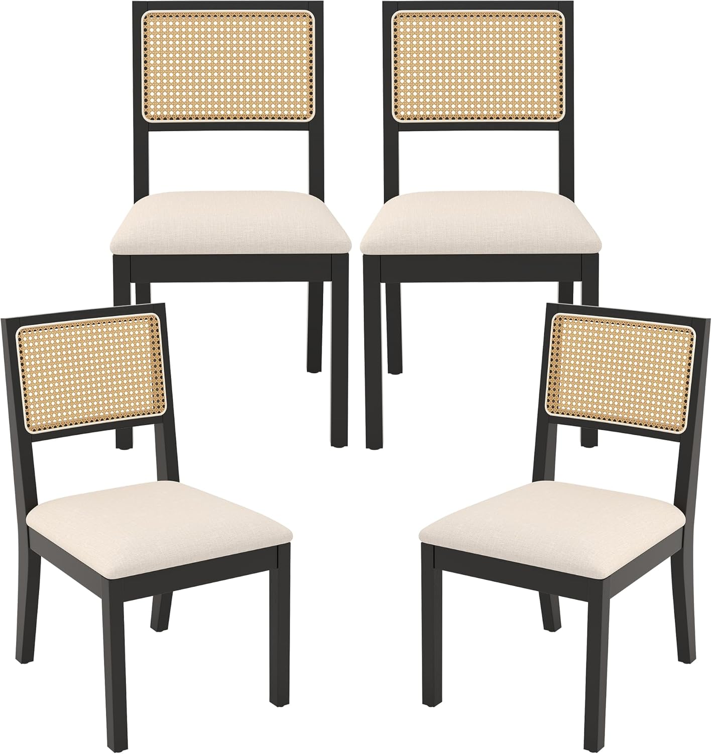 Westice Rattan Dining Chairs Set of 4, Farmhouse Natural Dining Room Chairs with Upholstered Cushion, Wood Armless Chairs for Kitchen/Restaurant, Black
